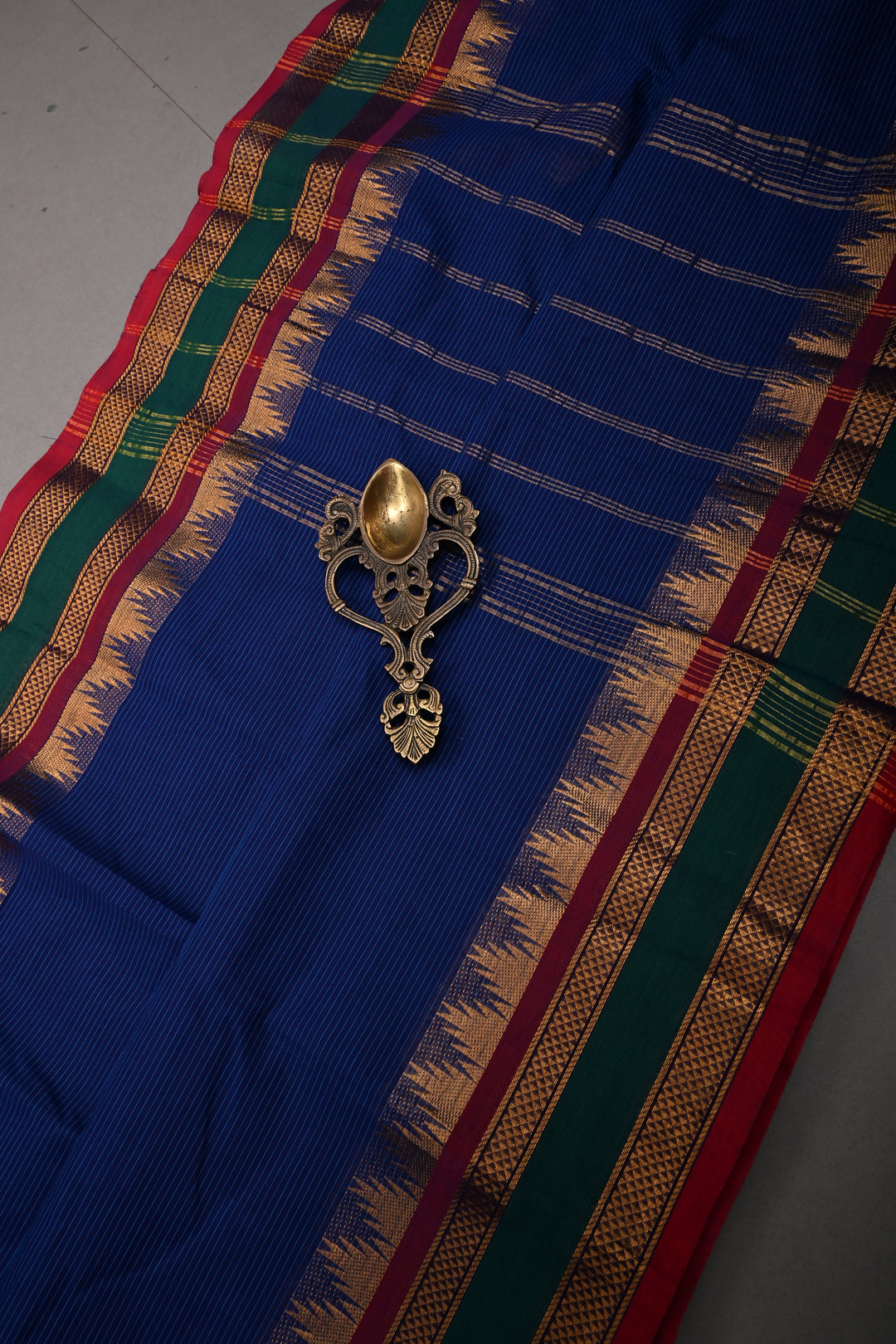 Ink Blue Kanchi Cotton Saree with Stripes Pattern and Contrast Zari Borders | SHOBITAM