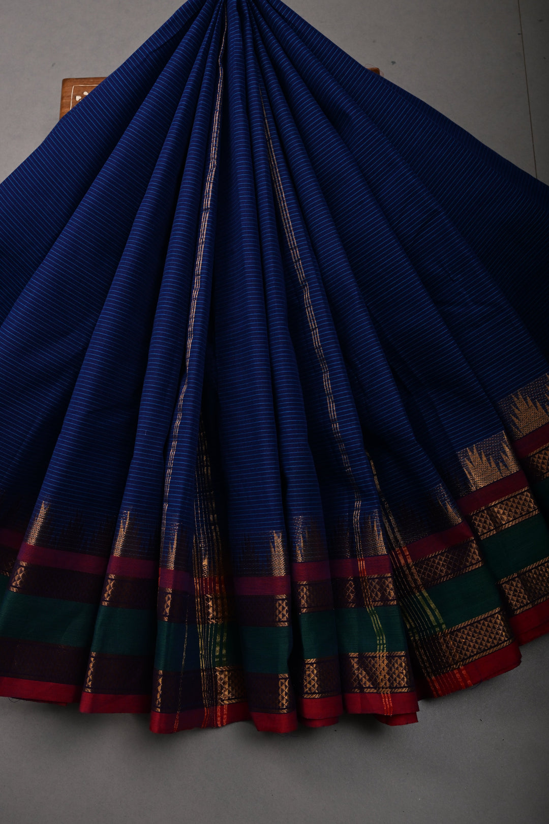Ink Blue Kanchi Cotton Saree with Stripes Pattern and Contrast Zari Borders | SHOBITAM