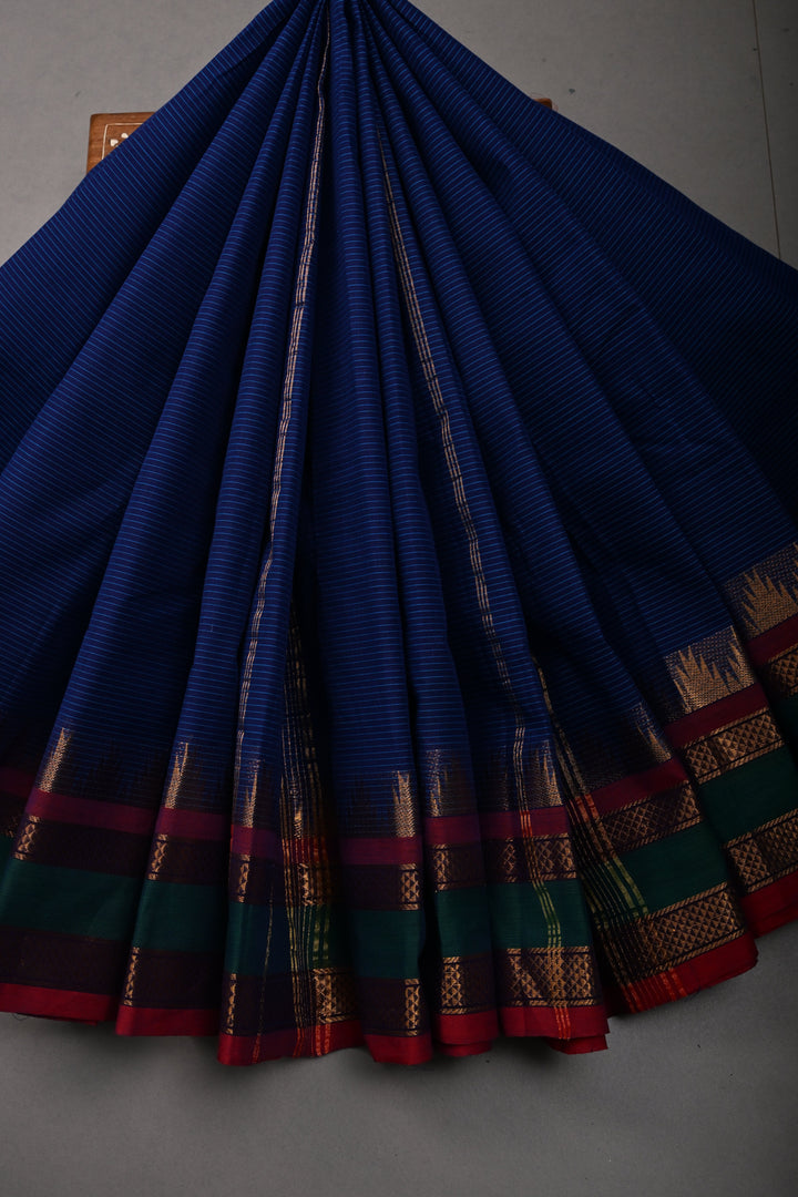 Ink Blue Kanchi Cotton Saree with Stripes Pattern and Contrast Zari Borders | SHOBITAM