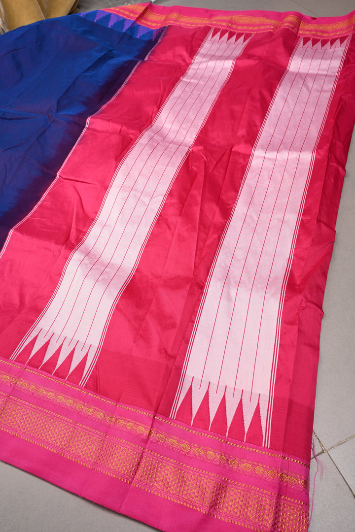 Blue Dual tone Ilkal Weave Mercerized Bagalkote Cotton Saree with Temple Panel on Contrast Zari Border | SHOBITAM
