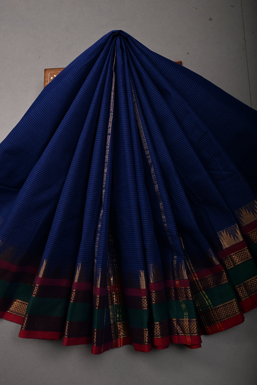 Ink Blue Kanchi Cotton Saree with Stripes Pattern and Contrast Zari Borders | SHOBITAM