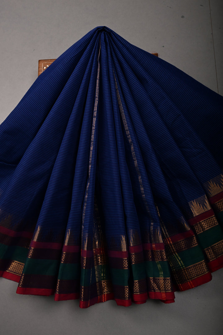 Ink Blue Kanchi Cotton Saree with Stripes Pattern and Contrast Zari Borders | SHOBITAM