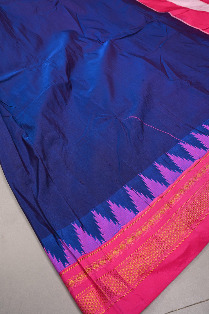 Blue Dual tone Ilkal Weave Mercerized Bagalkote Cotton Saree with Temple Panel on Contrast Zari Border | SHOBITAM