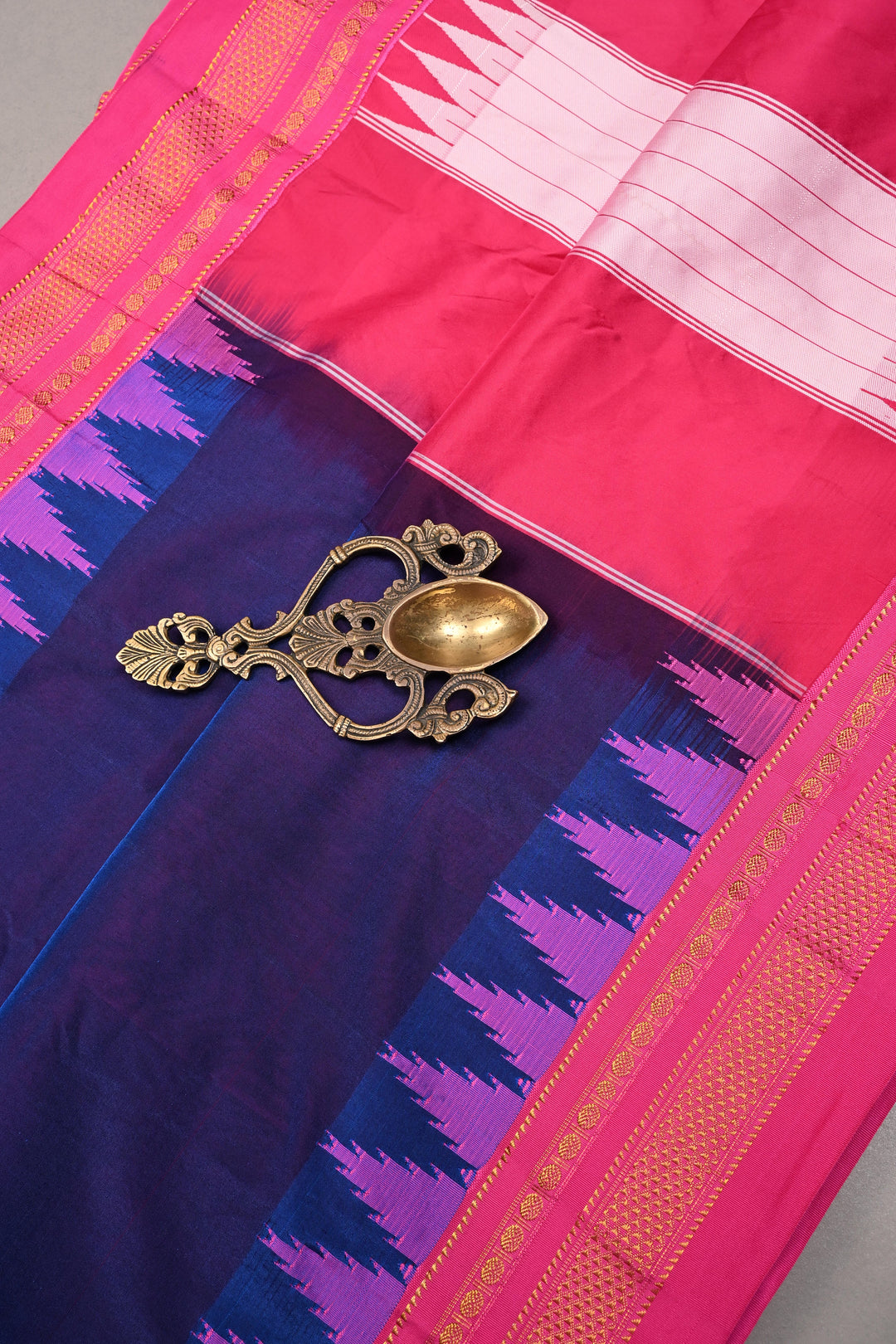 Blue Dual tone Ilkal Weave Mercerized Bagalkote Cotton Saree with Temple Panel on Contrast Zari Border | SHOBITAM