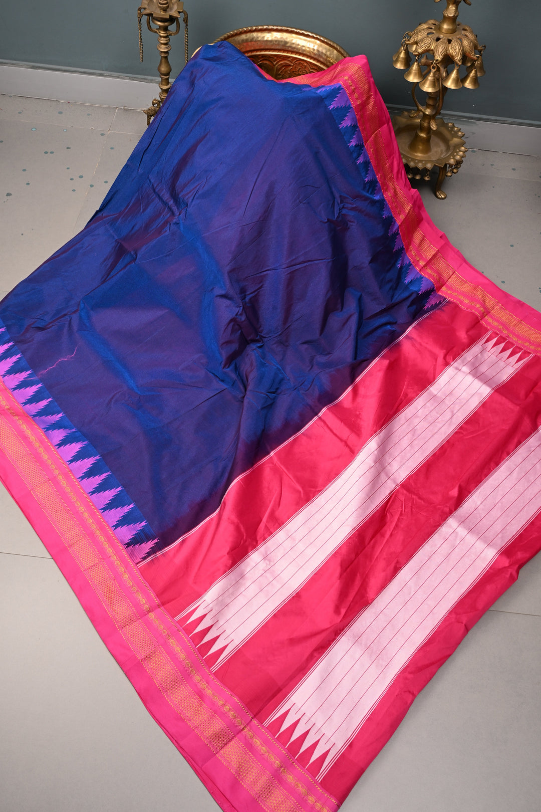 Blue Dual tone Ilkal Weave Mercerized Bagalkote Cotton Saree with Temple Panel on Contrast Zari Border | SHOBITAM