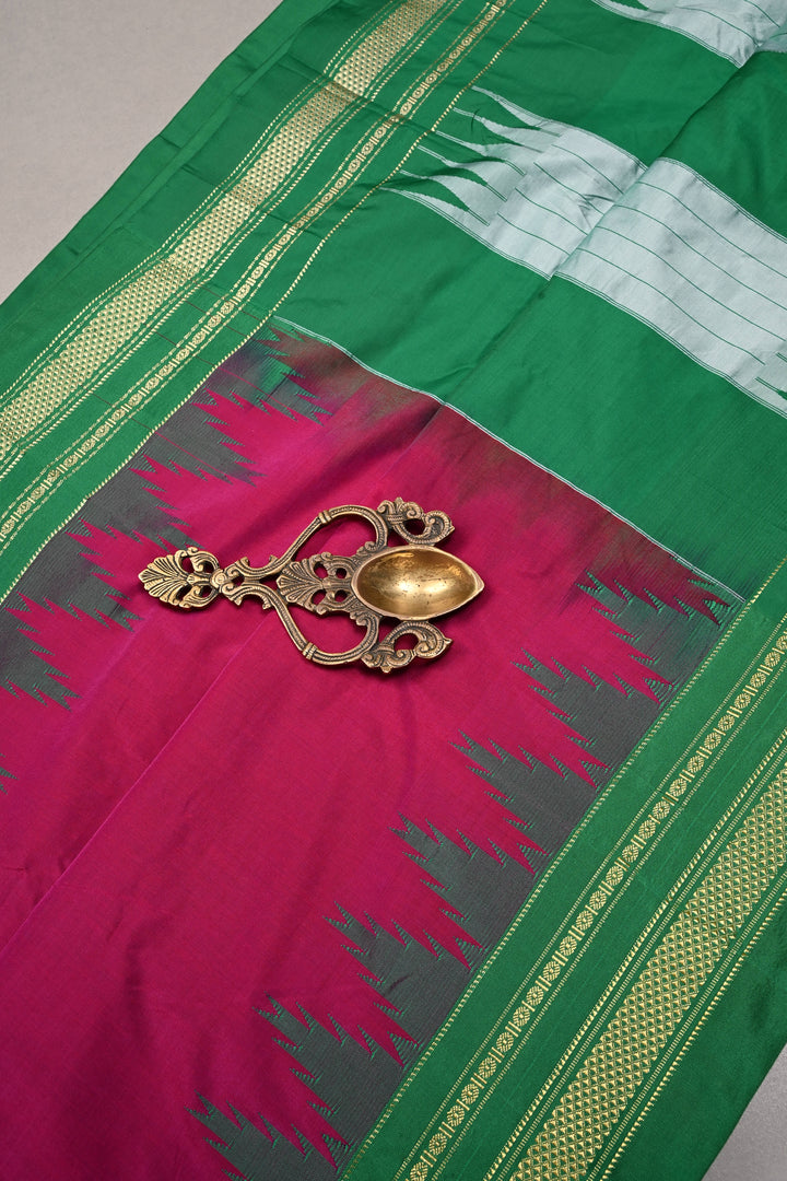 Vadamalli  Ilkal Weave Mercerized Bagalkote Cotton Saree with Temple Panel on Contrast Zari Border | SHOBITAM