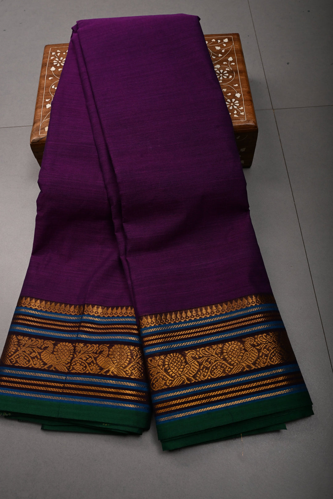 Royal Purple Kanchi Cotton Saree with Contrast Zari Borders | SHOBITAM