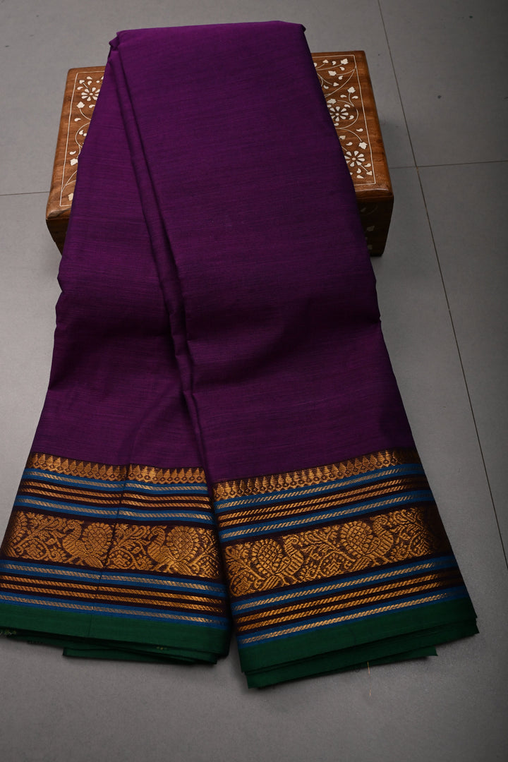 Royal Purple Kanchi Cotton Saree with Contrast Zari Borders | SHOBITAM
