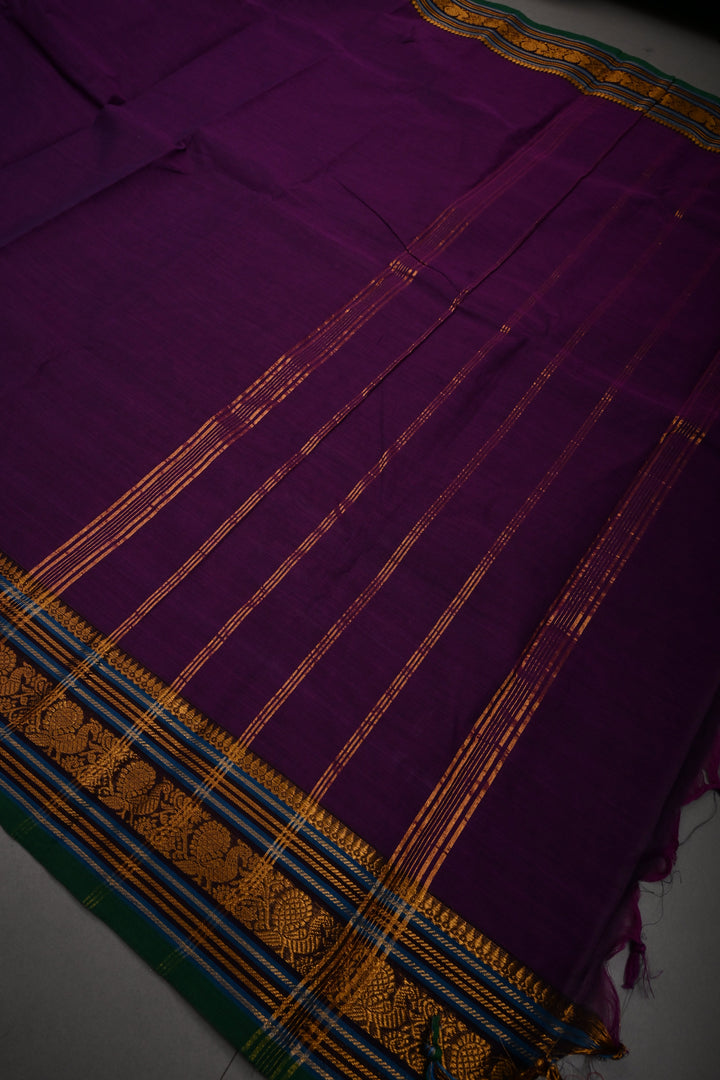 Royal Purple Kanchi Cotton Saree with Contrast Zari Borders | SHOBITAM