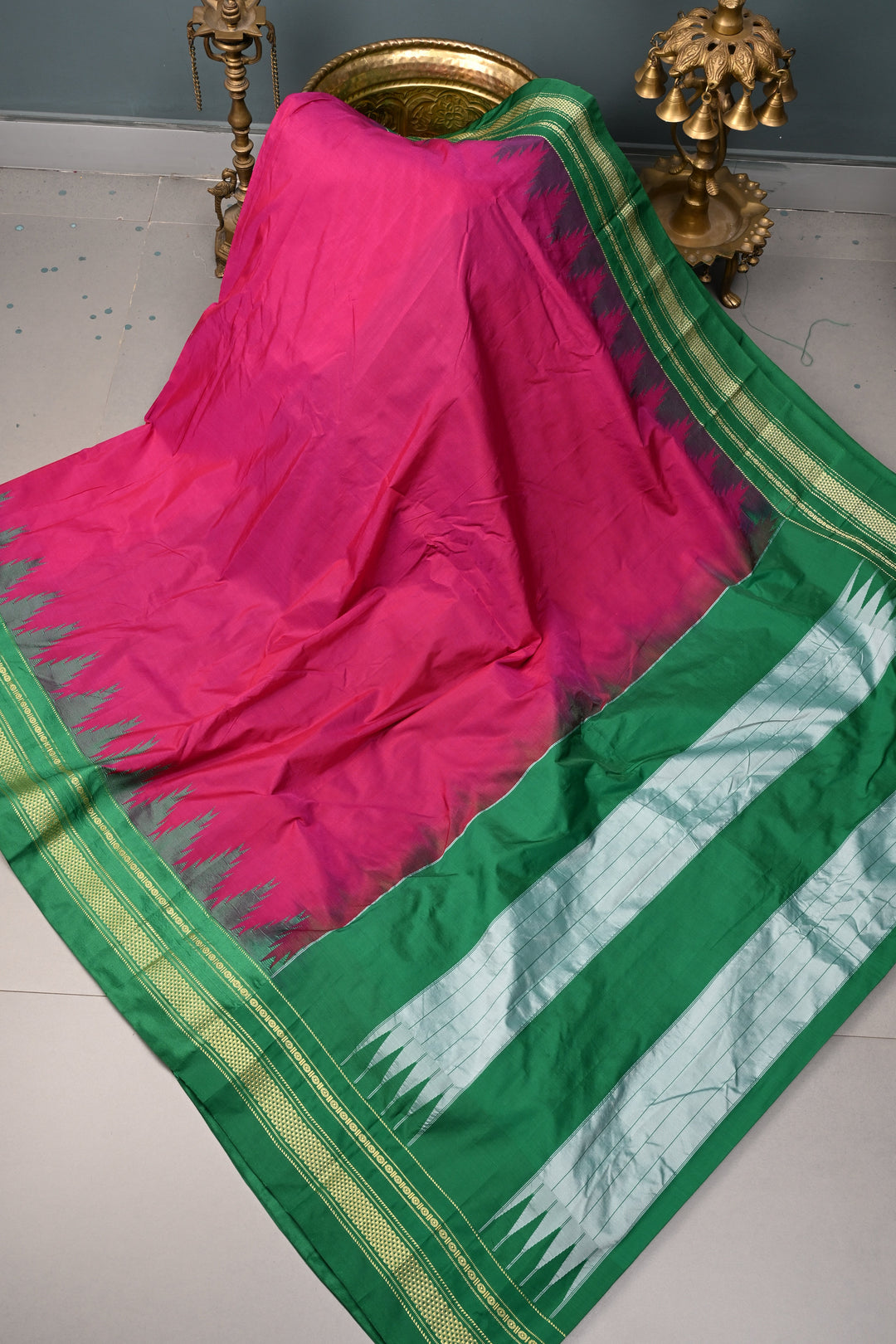 Vadamalli  Ilkal Weave Mercerized Bagalkote Cotton Saree with Temple Panel on Contrast Zari Border | SHOBITAM