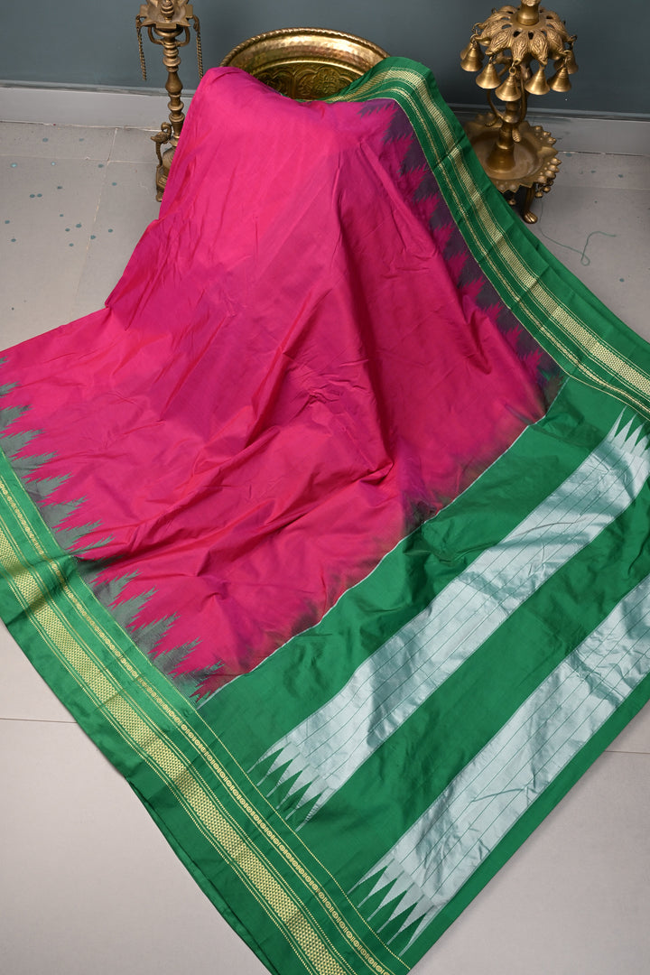 Vadamalli  Ilkal Weave Mercerized Bagalkote Cotton Saree with Temple Panel on Contrast Zari Border | SHOBITAM