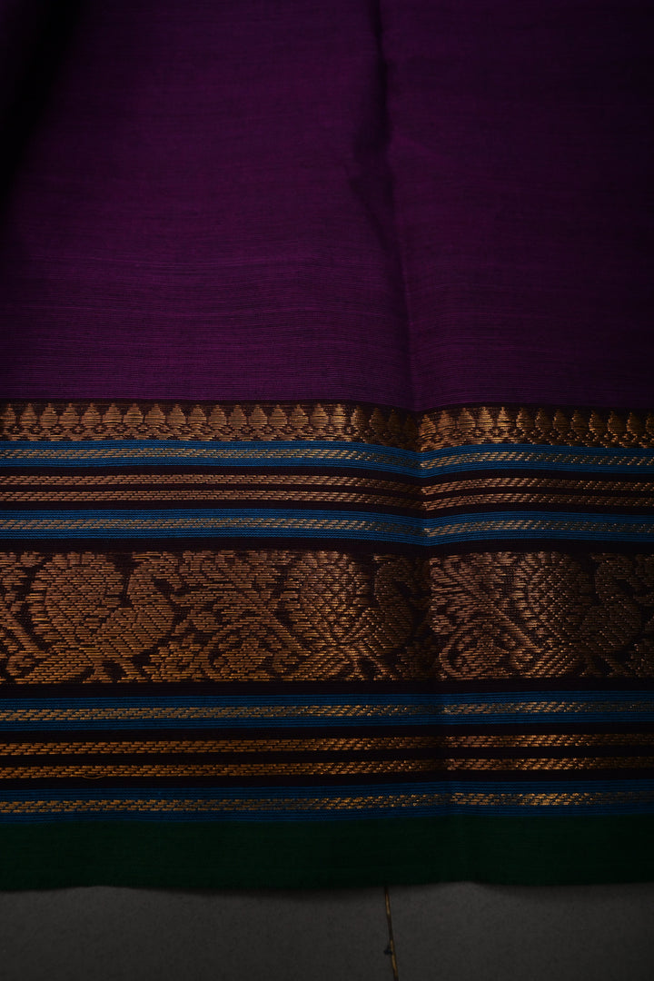 Royal Purple Kanchi Cotton Saree with Contrast Zari Borders | SHOBITAM