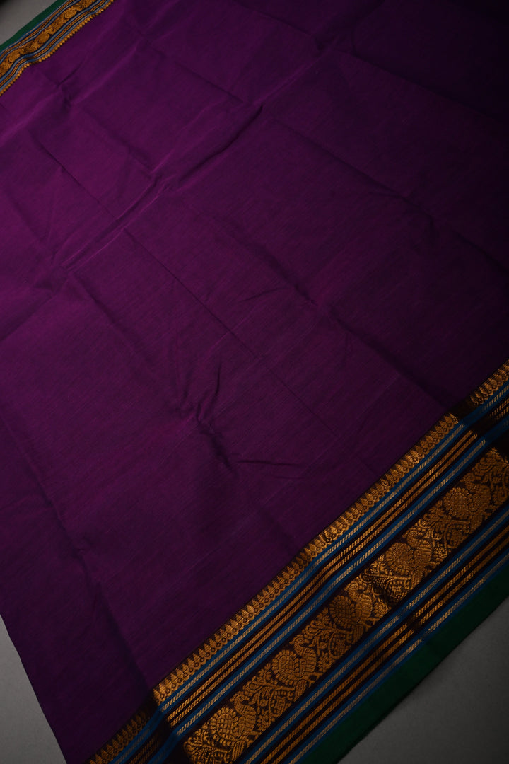 Royal Purple Kanchi Cotton Saree with Contrast Zari Borders | SHOBITAM