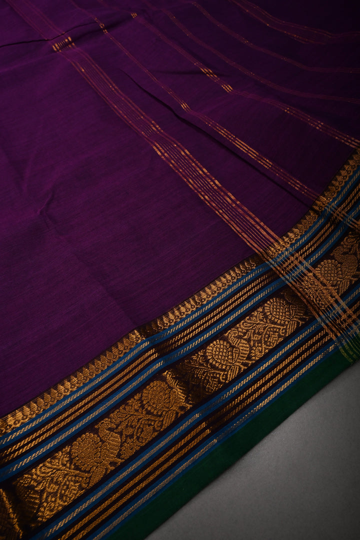 Royal Purple Kanchi Cotton Saree with Contrast Zari Borders | SHOBITAM