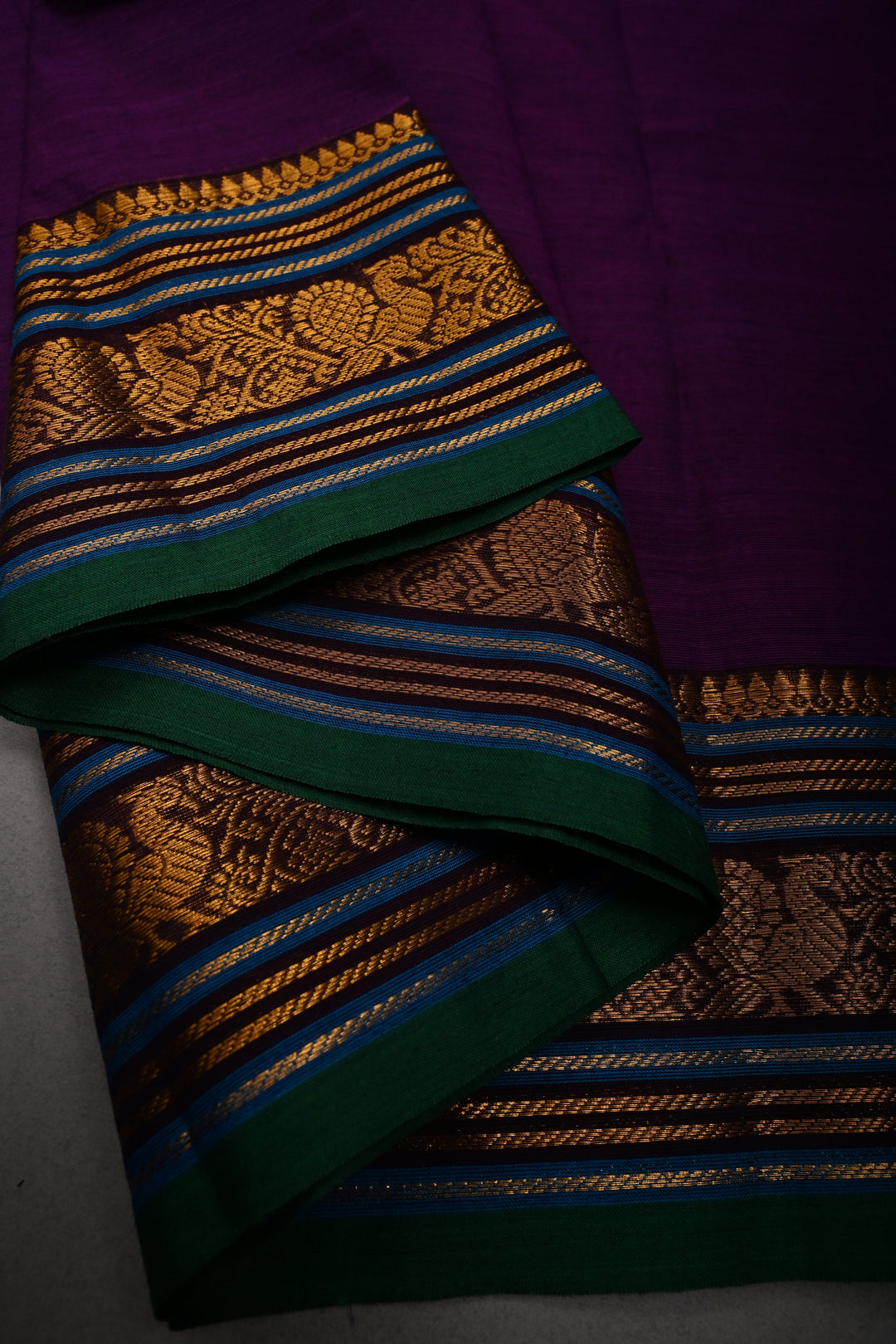 Royal Purple Kanchi Cotton Saree with Contrast Zari Borders | SHOBITAM
