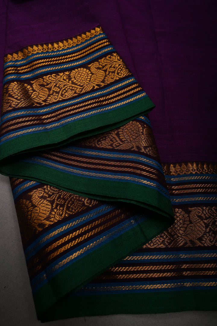 Royal Purple Kanchi Cotton Saree with Contrast Zari Borders | SHOBITAM