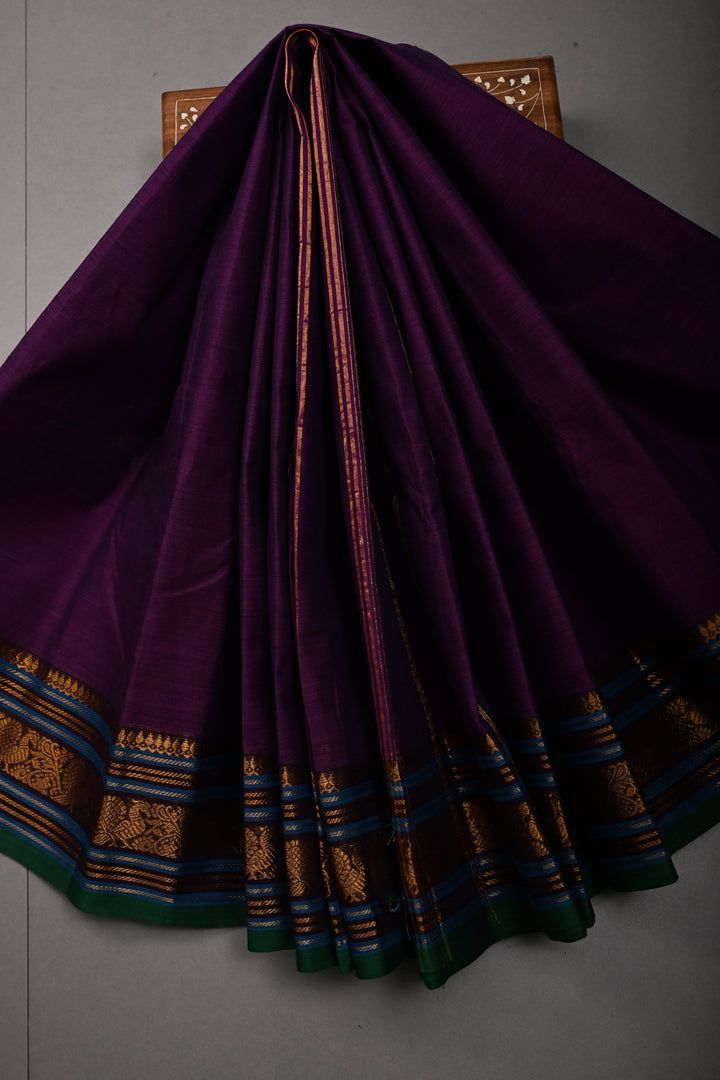 Royal Purple Kanchi Cotton Saree with Contrast Zari Borders | SHOBITAM