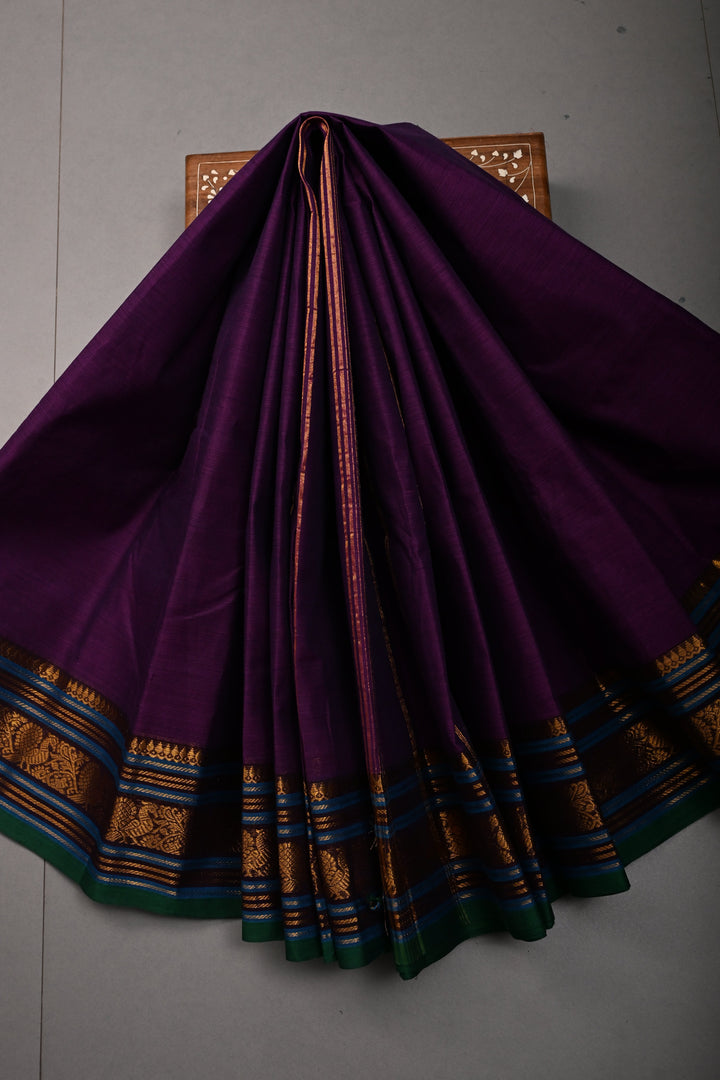 Royal Purple Kanchi Cotton Saree with Contrast Zari Borders | SHOBITAM