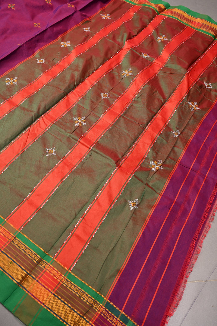 Magenta Dual tone Ilkal Weave Mercerized Bagalkote Cotton Saree with Kasuti Style Machine Embroidery and Contrast Zari Border | SHOBITAM
