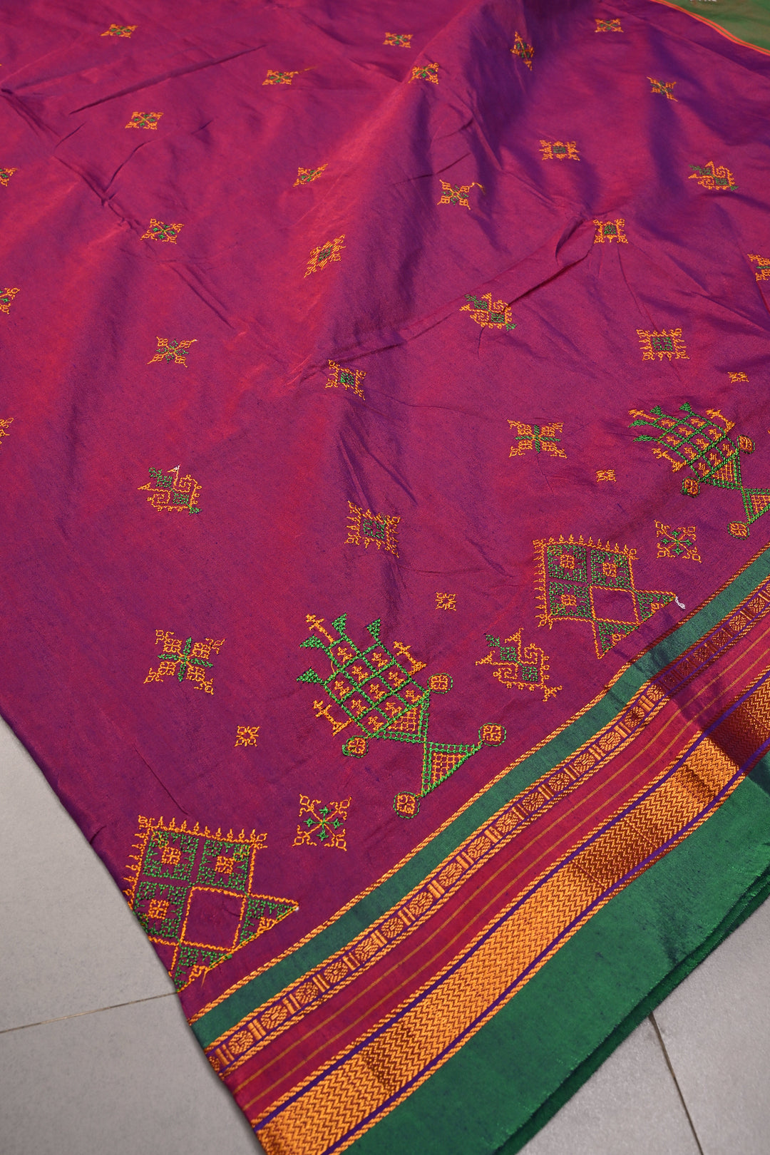 Magenta Dual tone Ilkal Weave Mercerized Bagalkote Cotton Saree with Kasuti Style Machine Embroidery and Contrast Zari Border | SHOBITAM