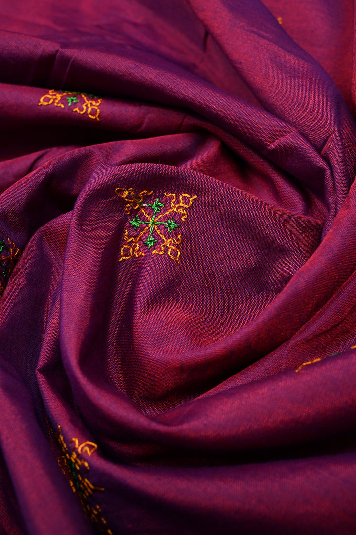 Magenta Dual tone Ilkal Weave Mercerized Bagalkote Cotton Saree with Kasuti Style Machine Embroidery and Contrast Zari Border | SHOBITAM
