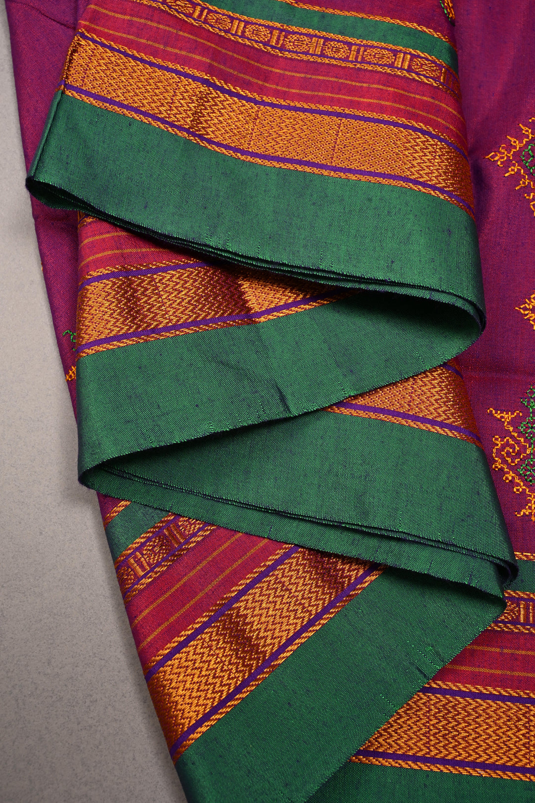 Magenta Dual tone Ilkal Weave Mercerized Bagalkote Cotton Saree with Kasuti Style Machine Embroidery and Contrast Zari Border | SHOBITAM