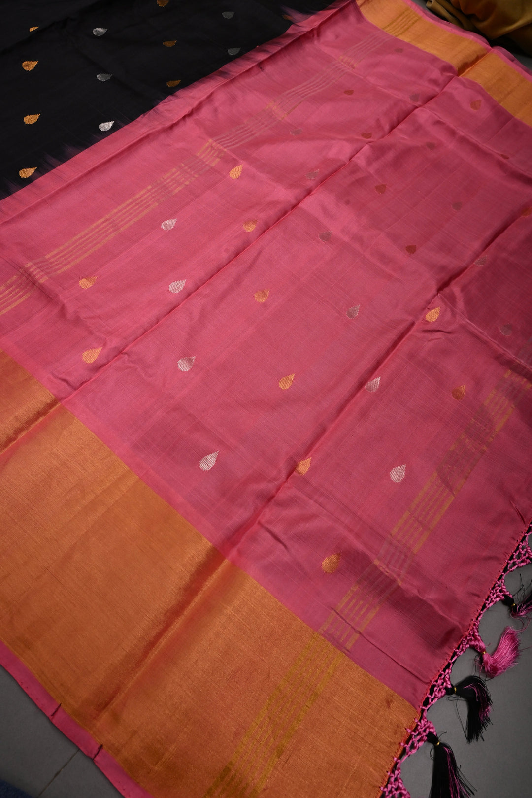 Black Uppada Handloom Silk Saree with Sona Rupa Buttas and Tissue Border | SILK MARK CERTIFIED