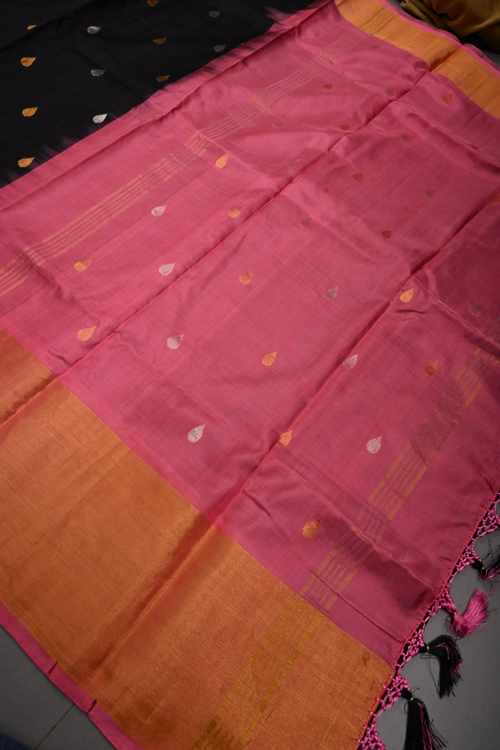 Black Uppada Handloom Silk Saree with Sona Rupa Buttas and Tissue Border | SILK MARK CERTIFIED