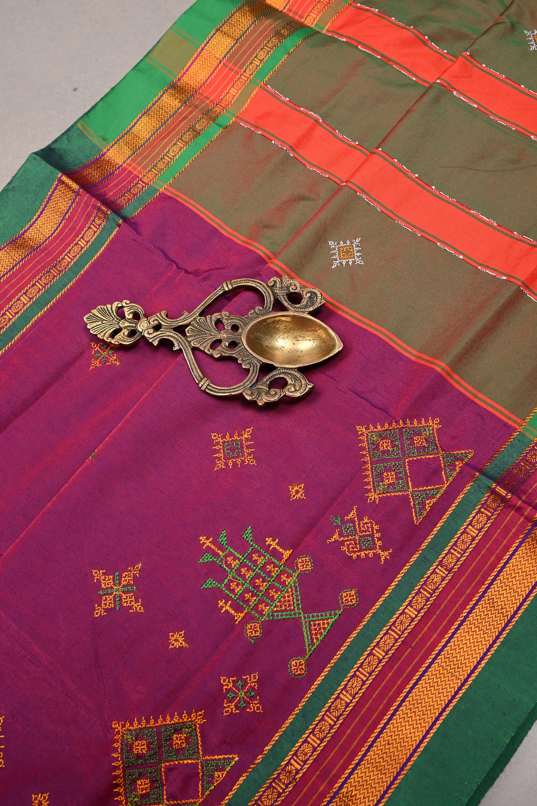 Magenta Dual tone Ilkal Weave Mercerized Bagalkote Cotton Saree with Kasuti Style Machine Embroidery and Contrast Zari Border | SHOBITAM