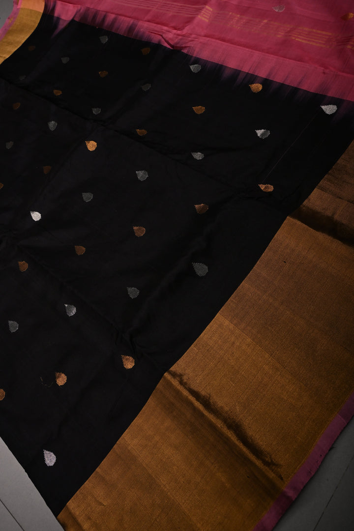 Black Uppada Handloom Silk Saree with Sona Rupa Buttas and Tissue Border | SILK MARK CERTIFIED