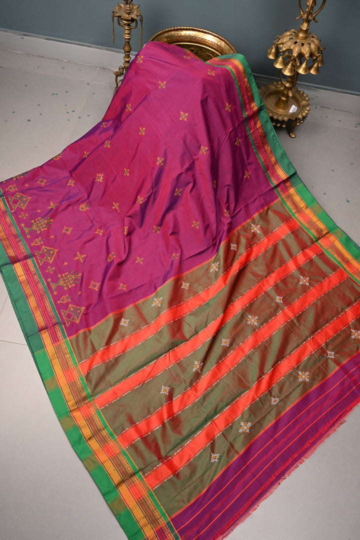Magenta Dual tone Ilkal Weave Mercerized Bagalkote Cotton Saree with Kasuti Style Machine Embroidery and Contrast Zari Border | SHOBITAM