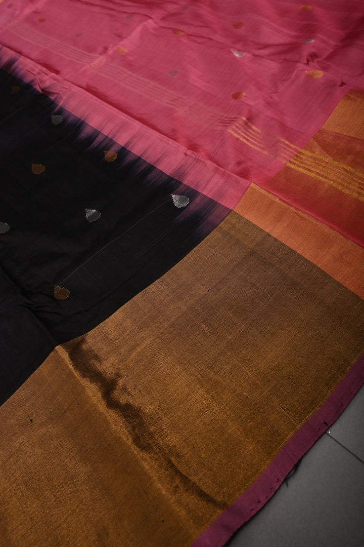 Black Uppada Handloom Silk Saree with Sona Rupa Buttas and Tissue Border | SILK MARK CERTIFIED