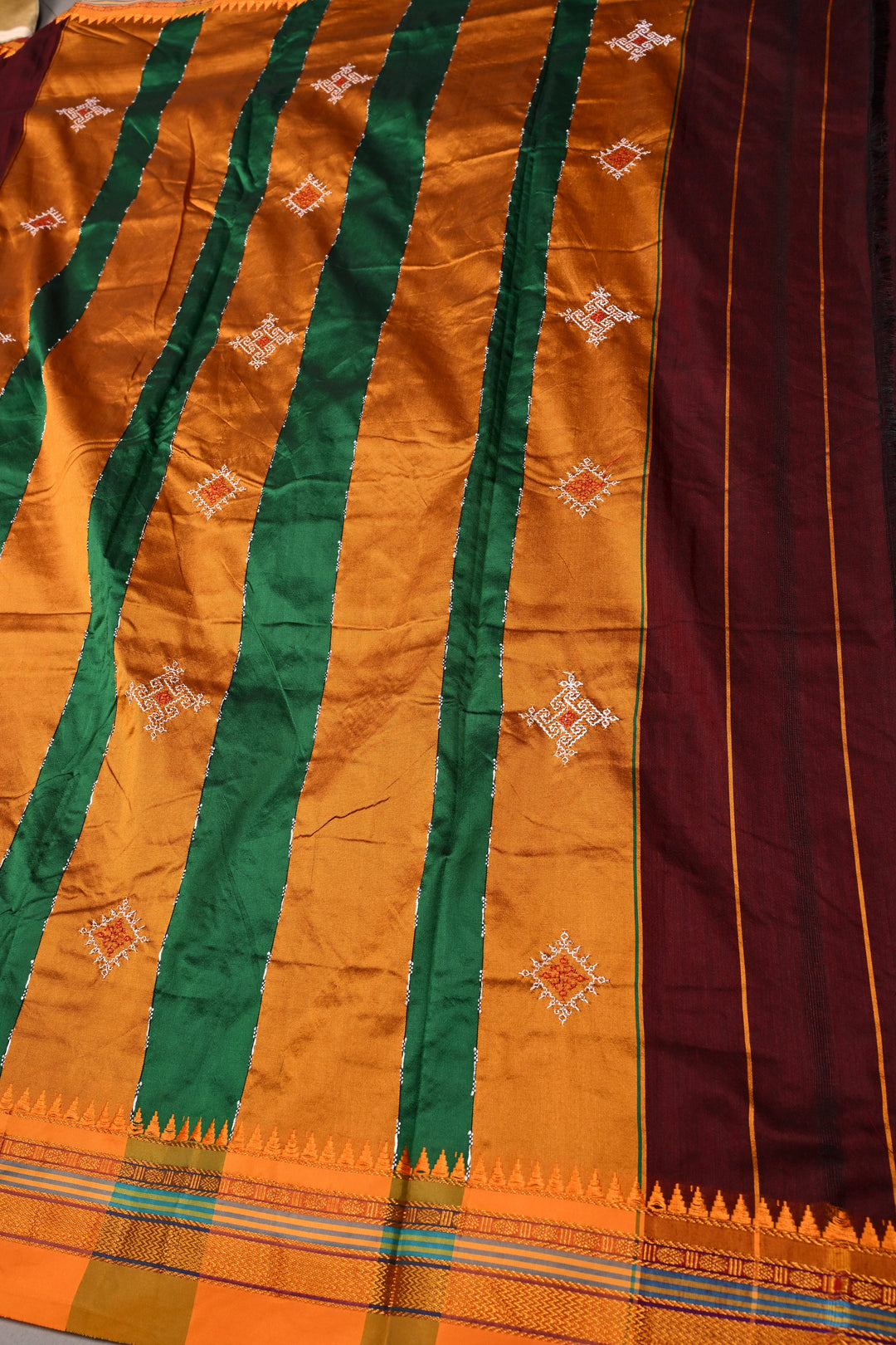 Coco Brown Ilkal Weave Mercerized Bagalkote Cotton Saree with Kasuti Style Machine Embroidery and Contrast Zari Border | SHOBITAM