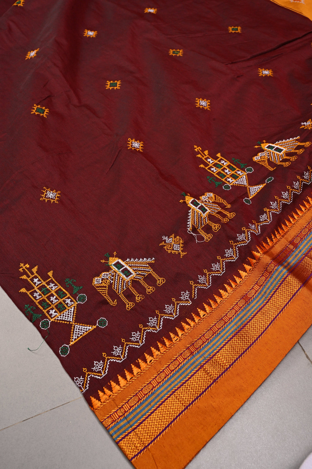 Coco Brown Ilkal Weave Mercerized Bagalkote Cotton Saree with Kasuti Style Machine Embroidery and Contrast Zari Border | SHOBITAM