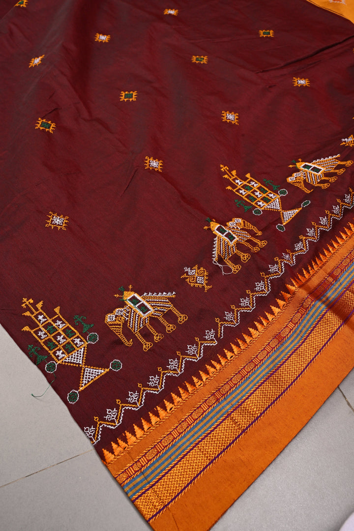 Coco Brown Ilkal Weave Mercerized Bagalkote Cotton Saree with Kasuti Style Machine Embroidery and Contrast Zari Border | SHOBITAM