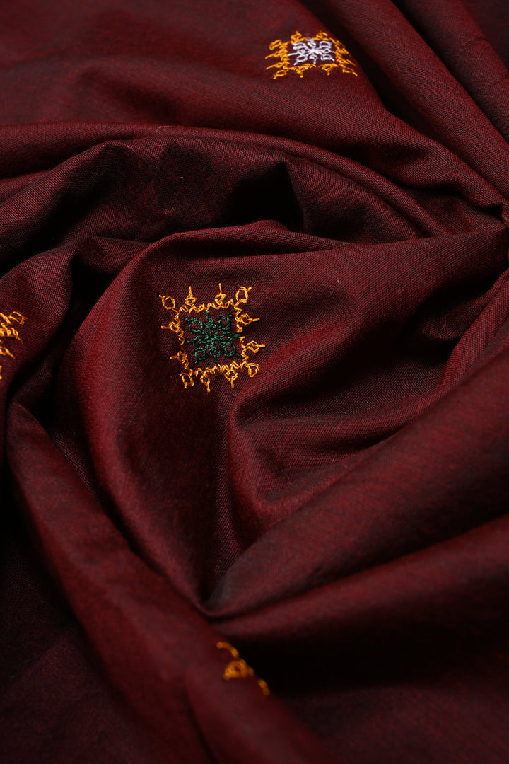 Coco Brown Ilkal Weave Mercerized Bagalkote Cotton Saree with Kasuti Style Machine Embroidery and Contrast Zari Border | SHOBITAM