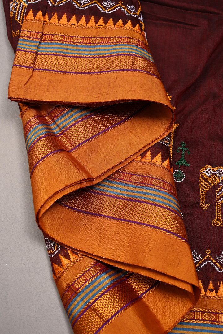 Coco Brown Ilkal Weave Mercerized Bagalkote Cotton Saree with Kasuti Style Machine Embroidery and Contrast Zari Border | SHOBITAM