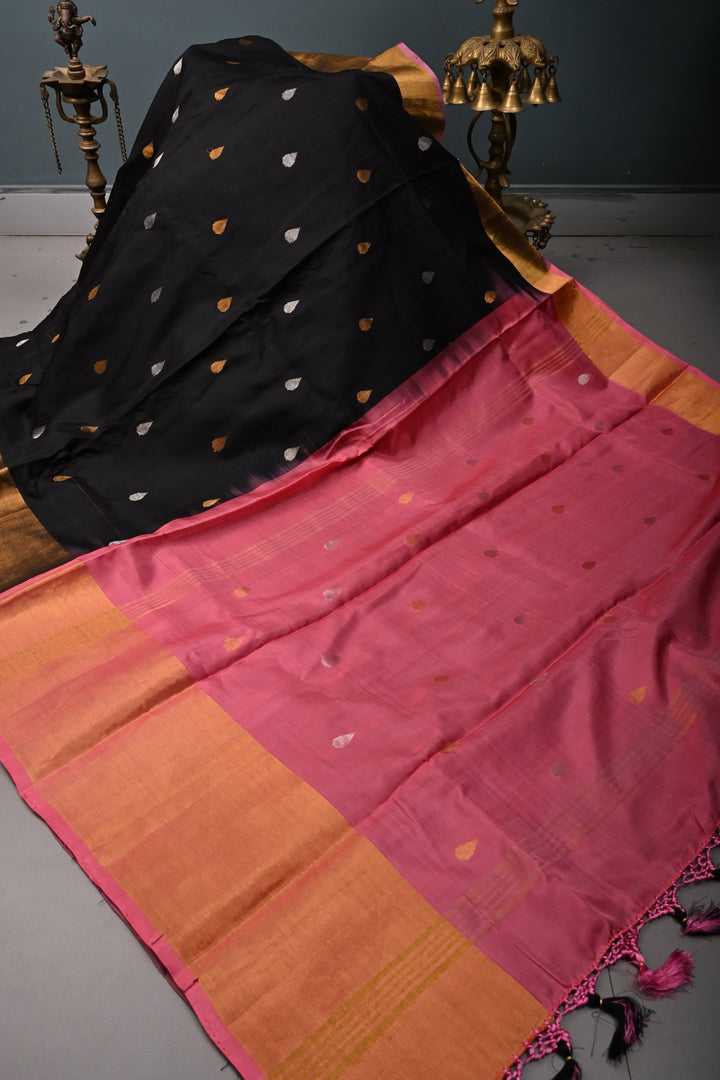 Black Uppada Handloom Silk Saree with Sona Rupa Buttas and Tissue Border | SILK MARK CERTIFIED