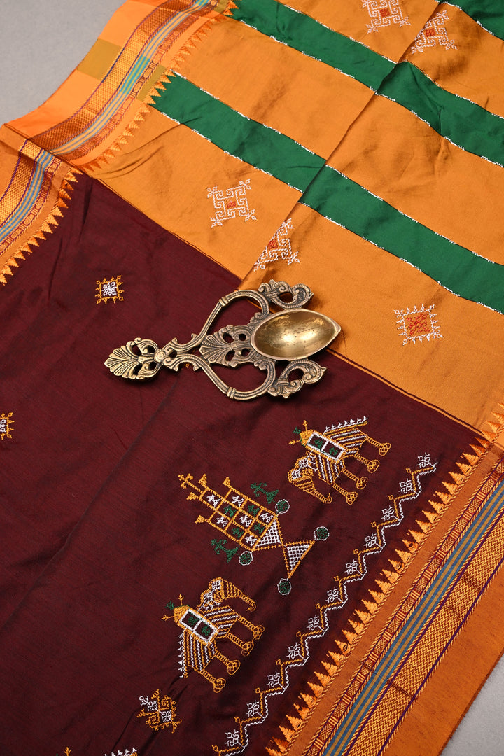 Coco Brown Ilkal Weave Mercerized Bagalkote Cotton Saree with Kasuti Style Machine Embroidery and Contrast Zari Border | SHOBITAM