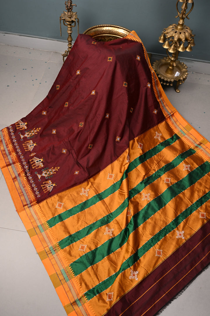 Coco Brown Ilkal Weave Mercerized Bagalkote Cotton Saree with Kasuti Style Machine Embroidery and Contrast Zari Border | SHOBITAM