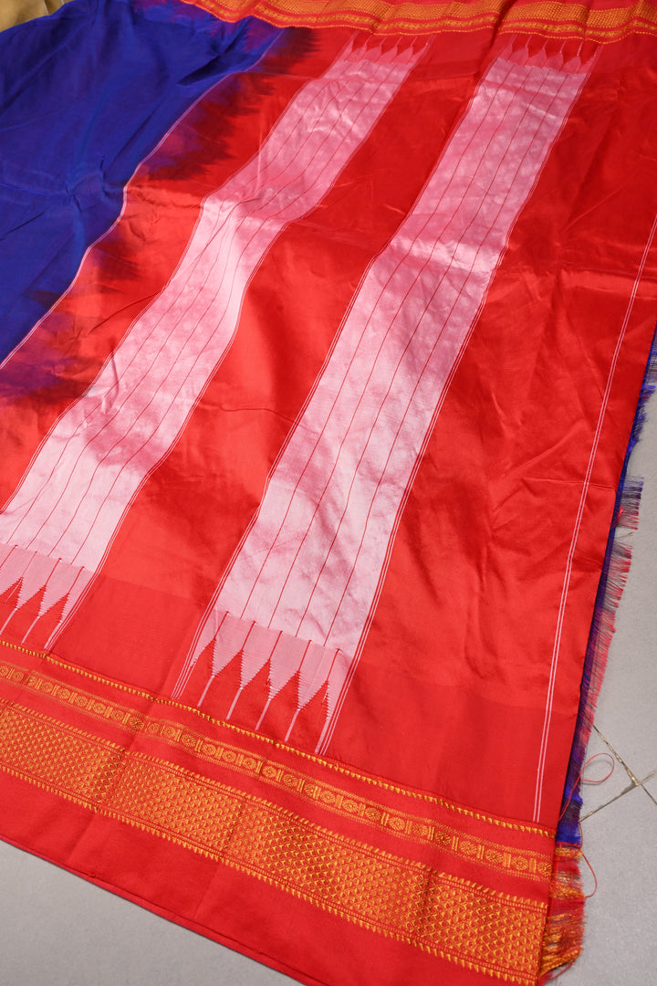 Ink Purple Ilkal Weave Mercerized Bagalkote Cotton Saree with Temple Panel on Contrast Zari Border | SHOBITAM