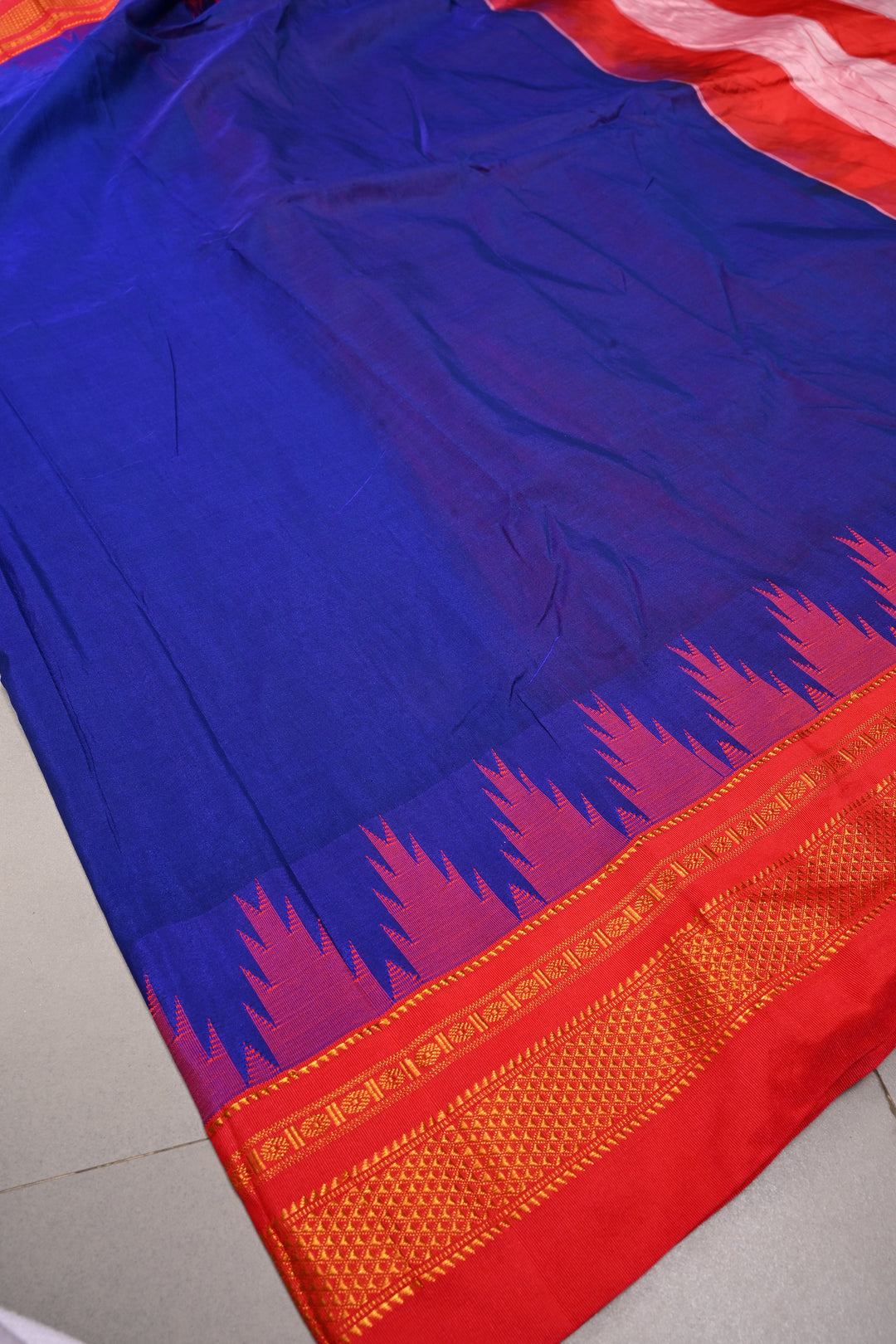 Ink Purple Ilkal Weave Mercerized Bagalkote Cotton Saree with Temple Panel on Contrast Zari Border | SHOBITAM