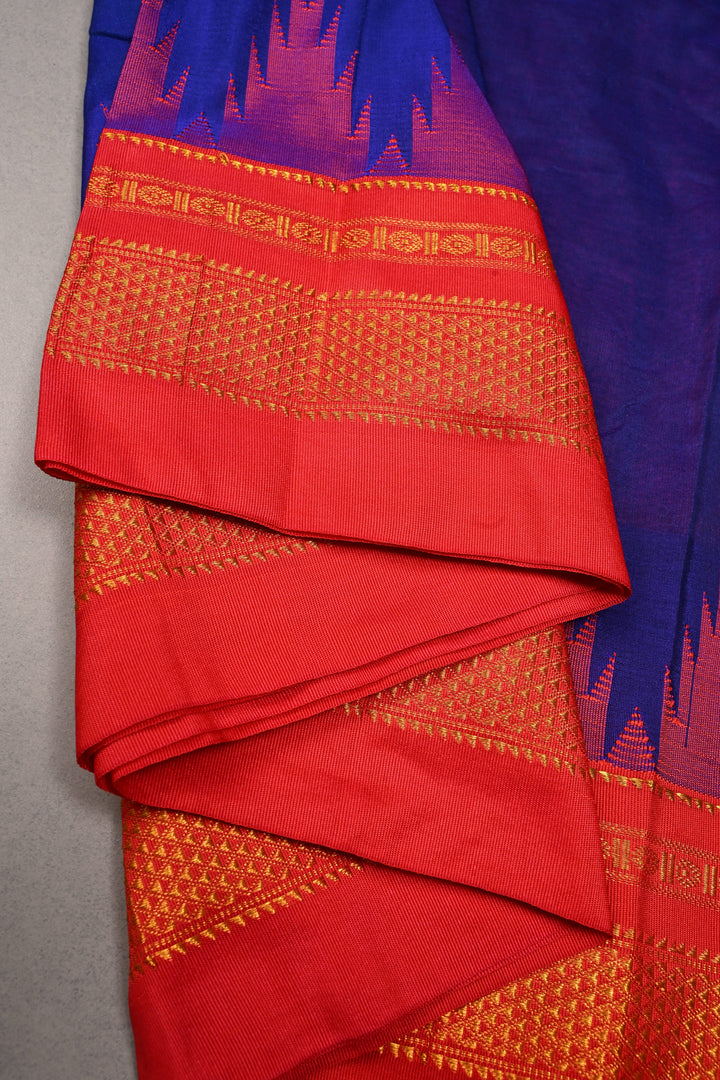 Ink Purple Ilkal Weave Mercerized Bagalkote Cotton Saree with Temple Panel on Contrast Zari Border | SHOBITAM