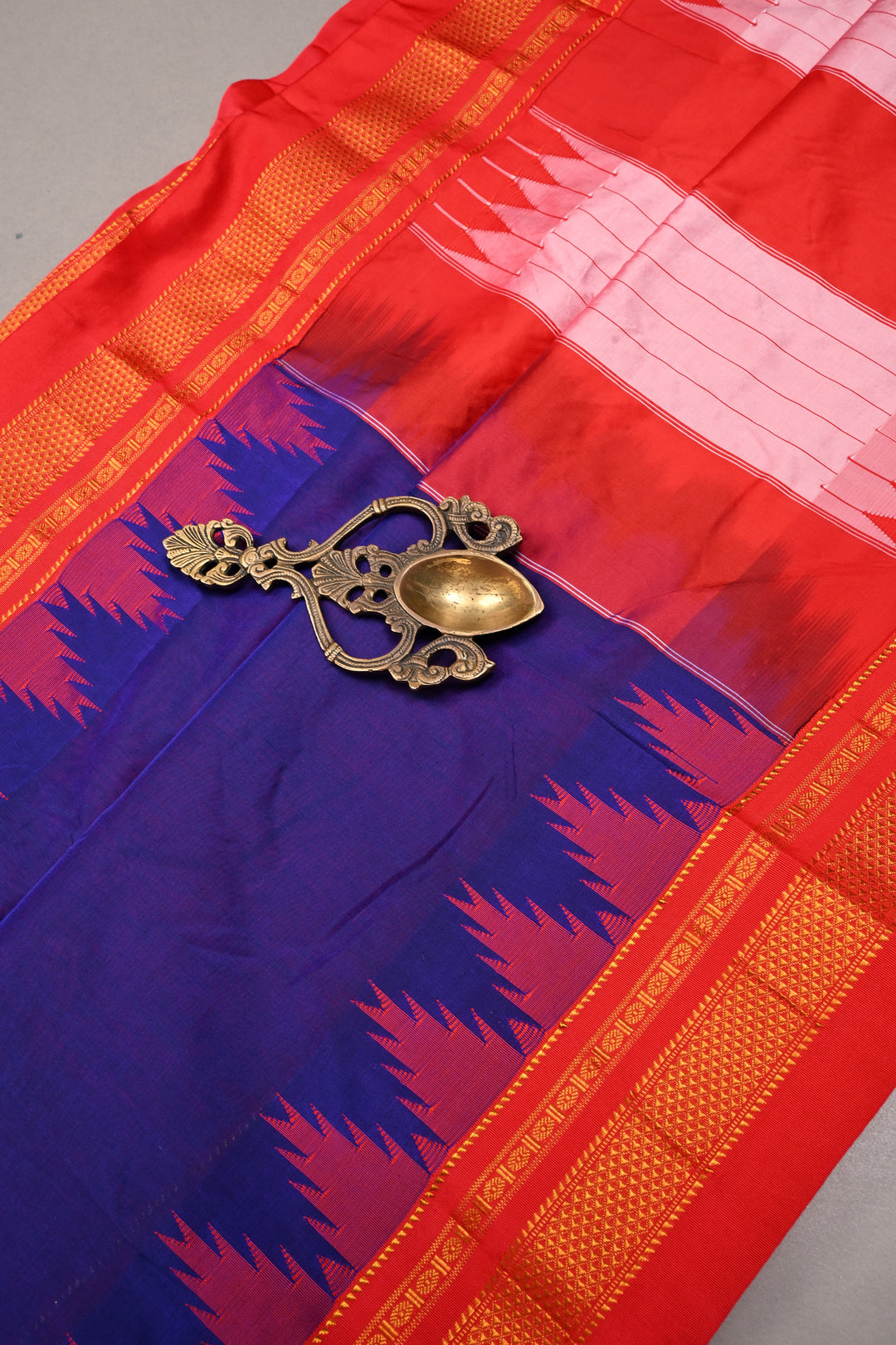 Ink Purple Ilkal Weave Mercerized Bagalkote Cotton Saree with Temple Panel on Contrast Zari Border | SHOBITAM