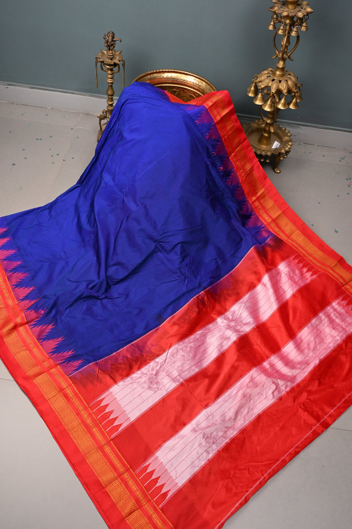 Ink Purple Ilkal Weave Mercerized Bagalkote Cotton Saree with Temple Panel on Contrast Zari Border | SHOBITAM