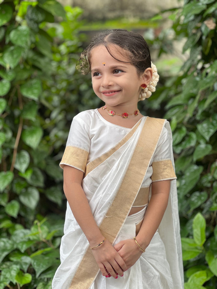 Girls Cream Chanderi Semi-Silk South Indian Saree Set with Stitched Blouse | SHOBITAM