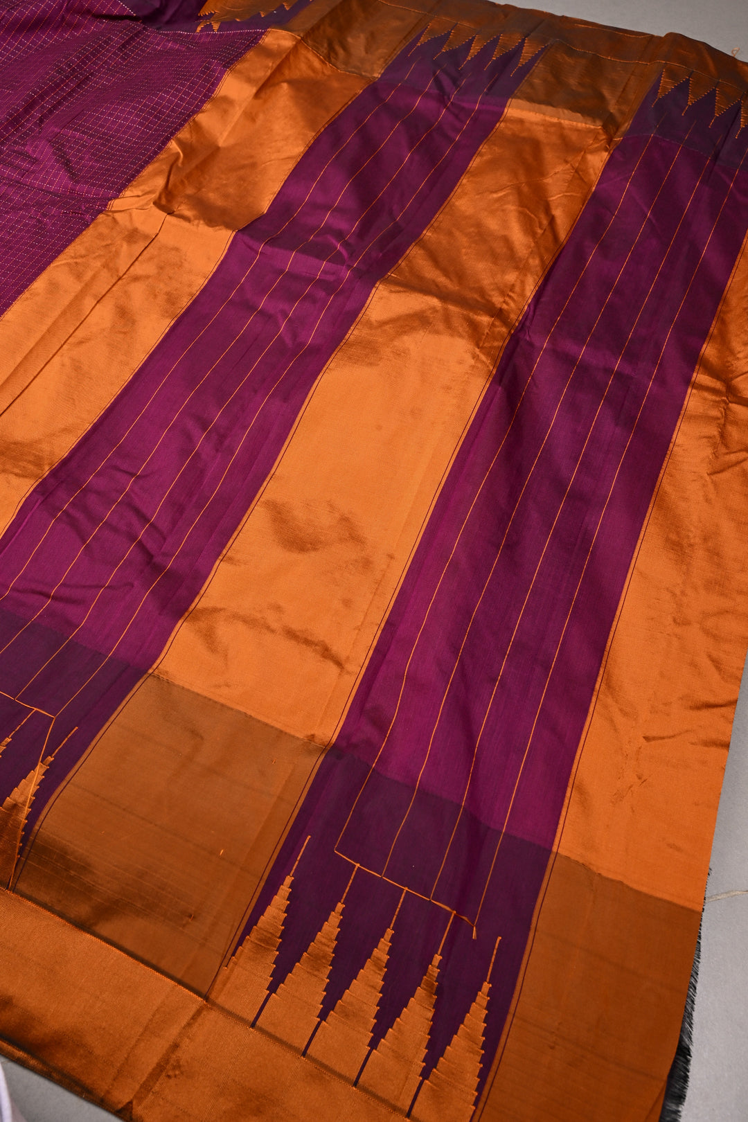Plum Ilkal Weave Mercerized Bagalkote Cotton Saree with Zari-Thread Checks and Contrast Zariless Temple Border | SHOBITAM