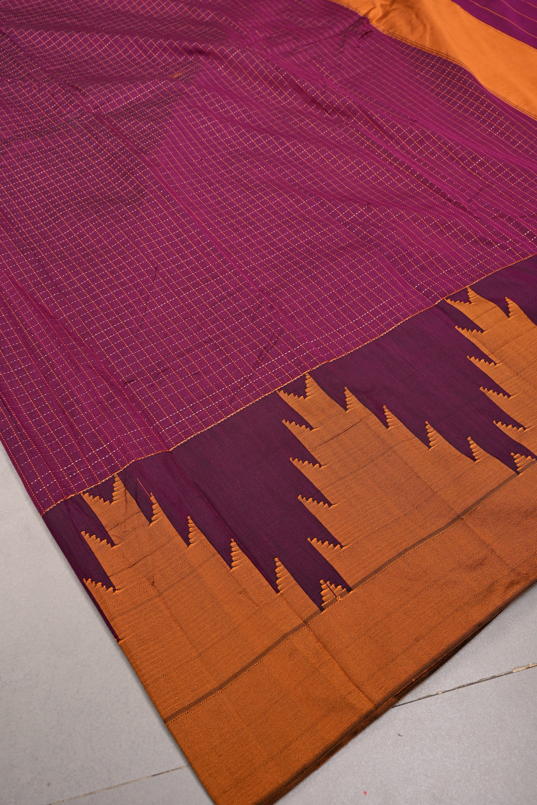 Plum Ilkal Weave Mercerized Bagalkote Cotton Saree with Zari-Thread Checks and Contrast Zariless Temple Border | SHOBITAM