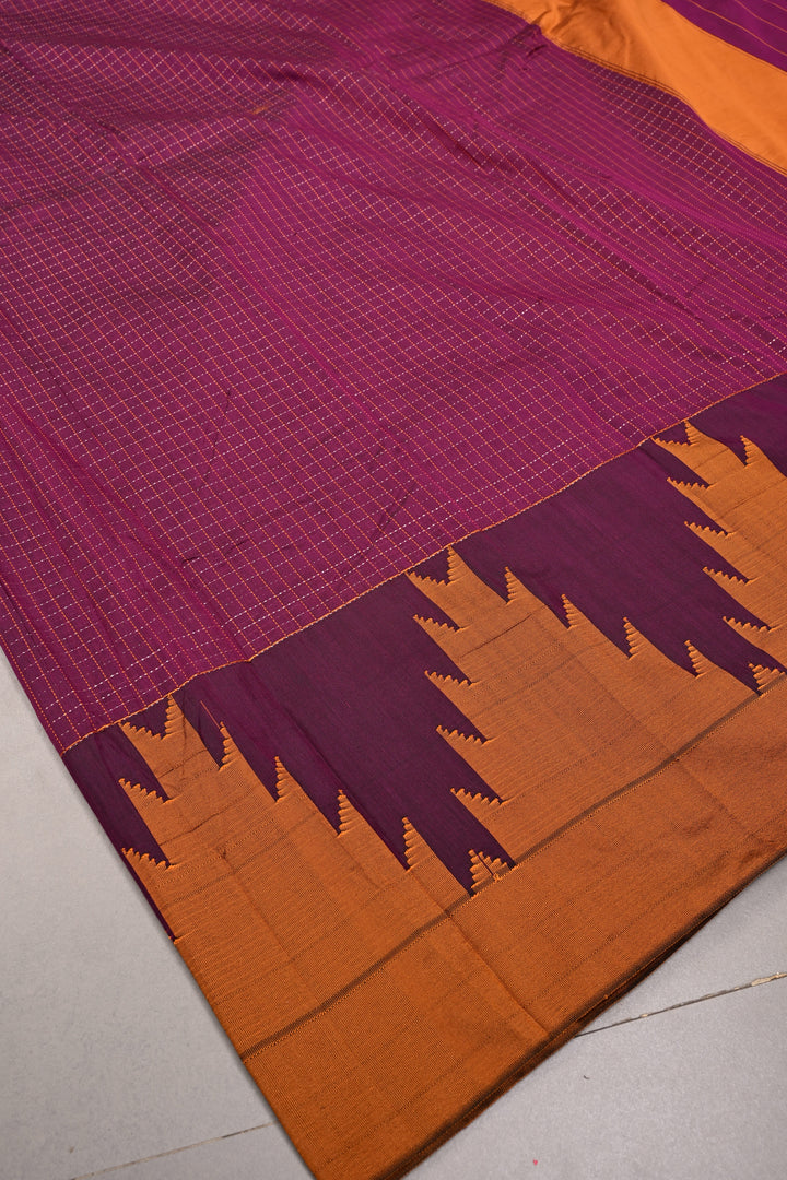 Plum Ilkal Weave Mercerized Bagalkote Cotton Saree with Zari-Thread Checks and Contrast Zariless Temple Border | SHOBITAM