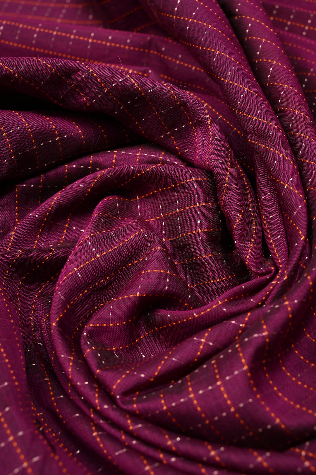 Plum Ilkal Weave Mercerized Bagalkote Cotton Saree with Zari-Thread Checks and Contrast Zariless Temple Border | SHOBITAM